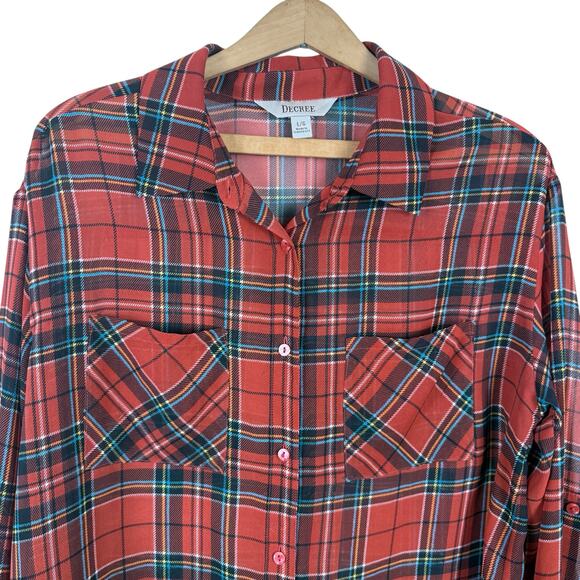 Decree Women Sheer Plaid Button Up Shirt Top Large Christmas Holiday Academia - Picture 2 of 7